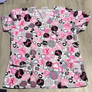 Scrubstar Pink Ribbon and Gray Patterned Scrub Top